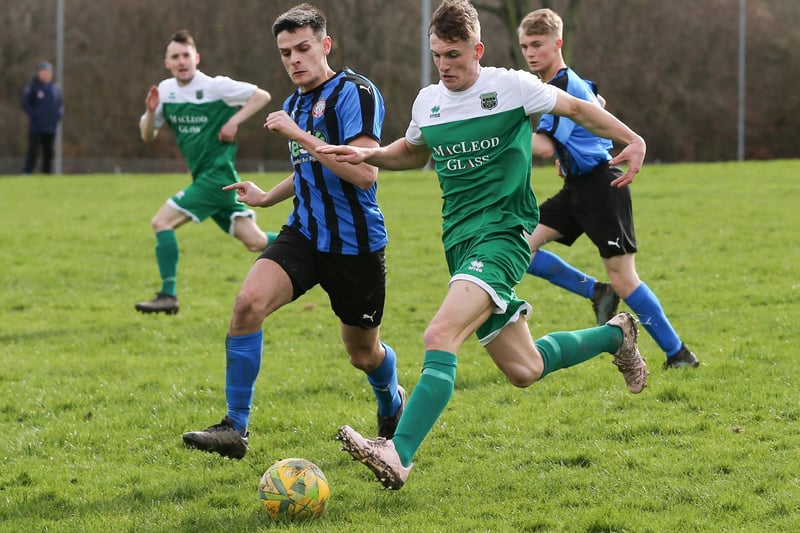 Striker Keiran Hayes on the attack during Hawick Legion's 4-1 win hosting Biggar United at Brunton Park in the Border Amateur Football Association's A division on Saturday (Photo: Brian Sutherland)