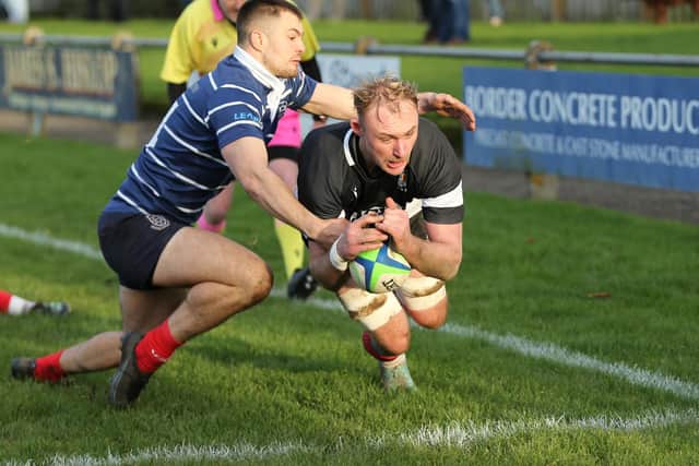 Kelso lock Cammy Brown scoring one of his two tries against Musselburgh at home at Poynder Park in rugby's Scottish Premiership on Saturday (Photo: Brian Sutherland)