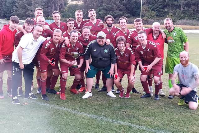 Langlee Amateurs players celebrating their 4-0 Colin Campbell Cup final victory against Duns Amateurs last night at Albert Park in Hawick (Photo: Elaine Brown)