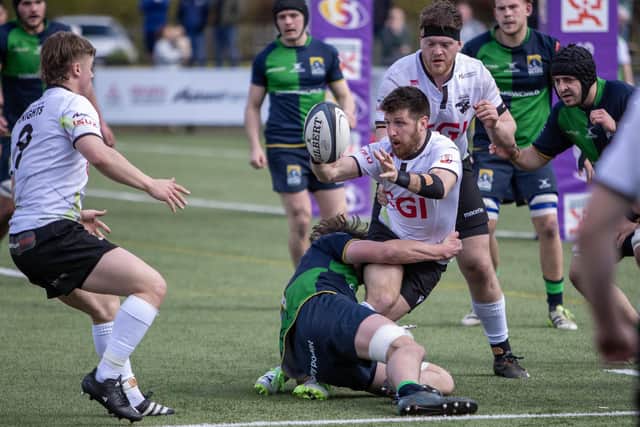Full-back Gregor McNeish getting a pass away during Southern Knights' 34-17 Fosroc Super Series Sprint win at home to Boroughmuir Bears at Melrose's Greenyards on Saturday (Photo: Craig Murray)