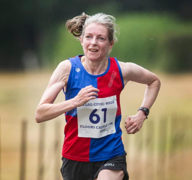 Ladies winner Carol Moss of Moorfoot Runners athletics club shows her prowess