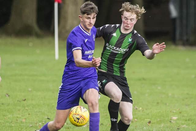 Evan Alexander on the ball for Hawick Waverley against Greenlaw at the weekend (Pic: Bill McBurnie)