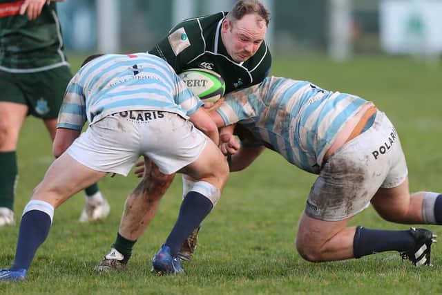 Nicky Little on the attack during Hawick's 26-16 win at home at Mansfield Park to Edinburgh Academical on Saturday in rugby's Scottish Premiership (Photo: Brian Sutherland)