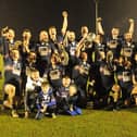 Selkirk celebrating their seventh Border league title win after edging out Melrose 12-6 at Netherdale in Galashiels on Monday night (Photo: Grant Kinghorn)