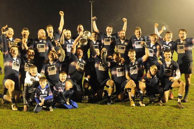 Selkirk celebrating their seventh Border league title win after edging out Melrose 12-6 at Netherdale in Galashiels on Monday night (Photo: Grant Kinghorn)