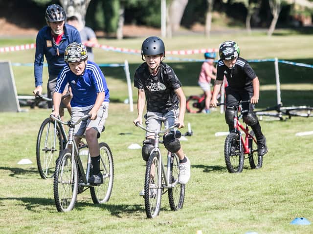 Jared and Jake Huggan and Lyle Beattie taking part in Hawick's festival of cycling ahead of the arrival there this weekend of the Tour of Britain (Pic: Bill McBurnie)