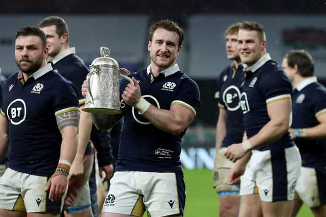 Scotland captain Stuart Hogg, right, and Rory Sutherland celebrating Scotland's Calcutta Cup victory against England in February (Photo by David Rogers/Getty Images)