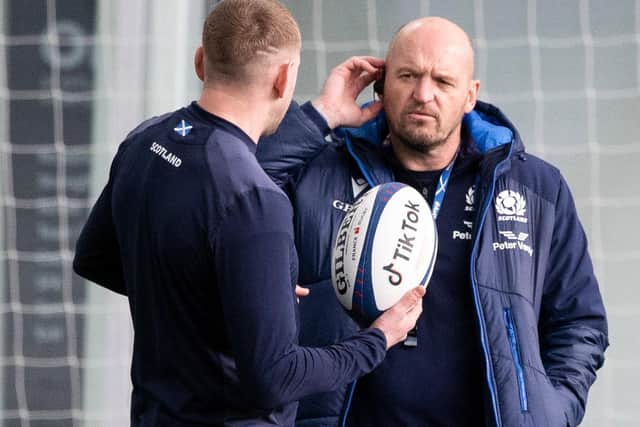 Gregor Townsend, right, with Finn Russell during a Scotland training session at the Oriam in Edinburgh on Wednesday (Photo by Craig Williamson/SNS Group/SRU)