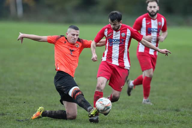 Gavin Tait in action during Hawick United's 4-2 Border Amateur Football Association B division win at Kelso Thistle on Saturday (Photo: Brian Sutherland)
