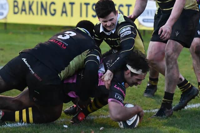 Doug Crawford on the defensive during Melrose's 69-34 defeat at Ayr on Saturday in rugby's Scottish National League Division 1 (Photo: George McMillan)