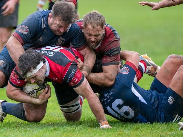Luke Pettie and James Bett making a challenge for Selkirk during their 29-12 loss at home to Stirling County at Philiphaugh on Saturday (Photo: Bryan Robertson)