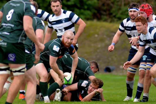 Gareth Welsh looking for a pass as Hawick beat Heriot's Blues 45-33 at home at Mansfield Park on Saturday (Photo: Alwyn Johnston)