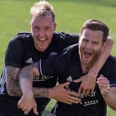 Ross Aitchison celebrates with Daryl Healy after scoring Gala Fairydean Rovers' winner against Cumbernauld Colts at Broadwood Stadium (Photo: Thomas Brown)