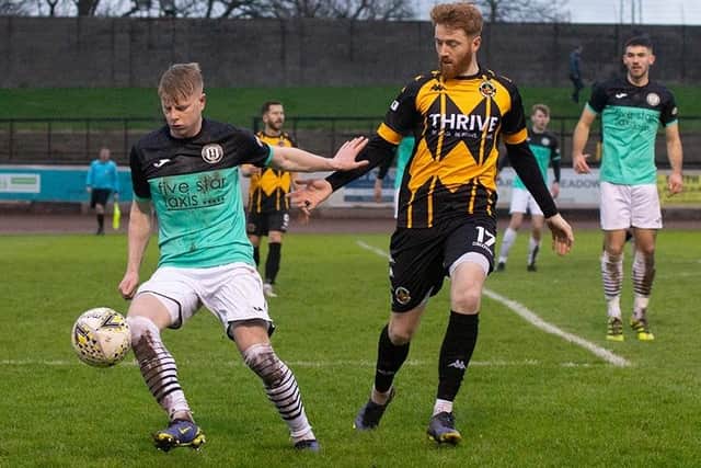 Calum Hall in possession for Gala Fairydean Rovers at Berwick on Saturday (Pic: Alan Bell)