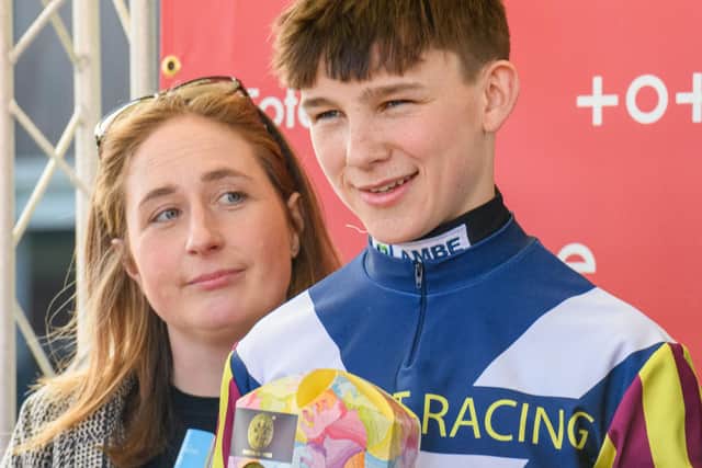 Lindean racehorse trainer Katie Scott with apprentice jockey Billy Loughnane after his win at Musselburgh on Gweedore on Saturday (Pic: Alan Raeburn)