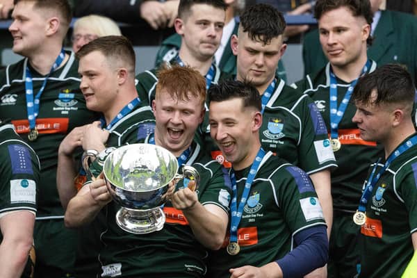 Hawick players celebrating winning rugby's 2023 Scottish Cup against Marr at Edinburgh's Murrayfield Stadium last May (Photo by Mark Scates/SNS Group/SRU)