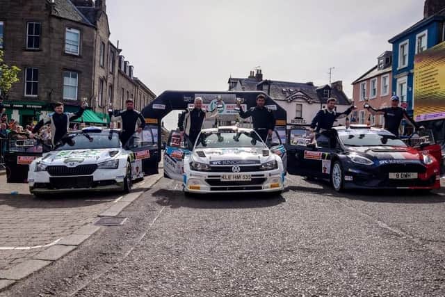 2023 Jim Clark Reivers Rally victor Euan Thorburn and co-driver Paul Beaton with runners-up, David Henderson and Chris Lees, right, and third-placed Hugh Brunton and Drew Sturrock, left (Pic: British Rally Championship)