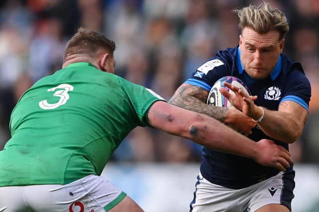 Scotland full-back Stuart Hogg being challenged by Ireland's Tadhg Furlong during their sides' Six Nations match, a 22-7 win for the visitors, at Edinburgh's Murrayfield Stadium on Sunday (Photo by Stu Forster/Getty Images)