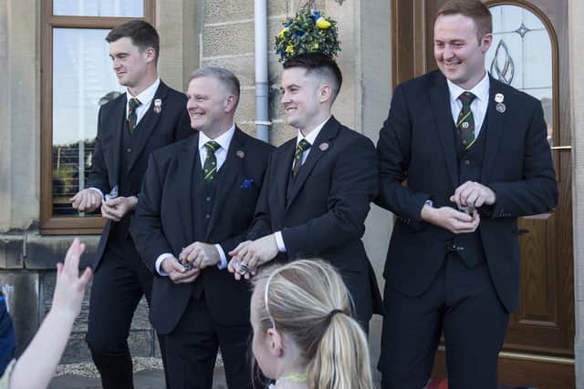 Right hand man Connor Brunton, Acting Father Alan Brown, Hawick Cornet Greig Middlemass and left hand man Gareth Renwick outside the cornets house in Beaconsfield Terrace getting ready for the kids scramble on Picking Night. Photo: Bill McBurnie.