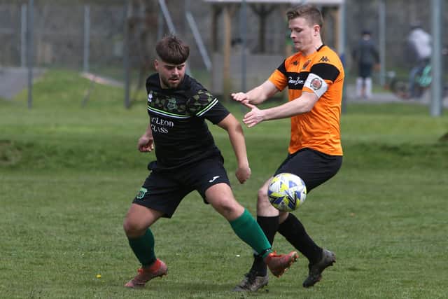 Hawick United and Hawick Legion vying for the ball during their Walls Cup last-eight tie at the weekend (Pic: Steve Cox)