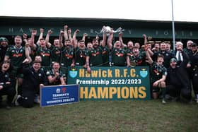 Hawick players celebrating after winning Saturday's Tennent's Premiership play-off final by 21-18 (Photo: Steve Cox)