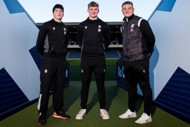 From left, Guy Kirkpatrick, Monroe Job and Callum Smyth at this week's John Macphail scholarship announcement at Edinburgh's Murrayfield Stadium (Photo by Ross Parker/SNS Group/SRU)