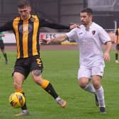 Grant Nelson on the ball for Berwick Rangers during their 1-0 loss at home to unbeaten Scottish Lowland Football League table-toppers East Kilbride on Saturday (Photo: Alan Bell)