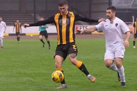 Grant Nelson on the ball for Berwick Rangers during their 1-0 loss at home to unbeaten Scottish Lowland Football League table-toppers East Kilbride on Saturday (Photo: Alan Bell)