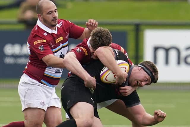 Watsonians halting a Southern Knights attack at the Greenyards in Melrose on Saturday (Photo by Simon Wootton/SNS Group/SRU)