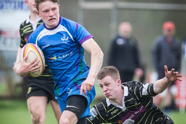 Jed Thistle's Max Johnston on the charge against Melrose Wasps at Saturday's under-18 sevens at Earlston