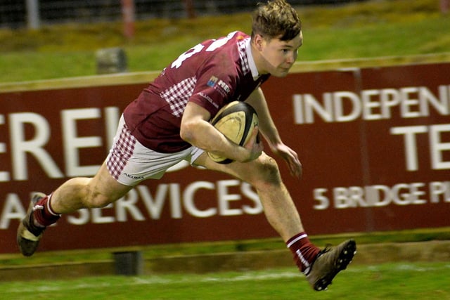 Gregor Collins on his way to touching down during Gala's 32-12 victory at home to Selkirk in the Border League on Friday (Photo: Alwyn Johnston)