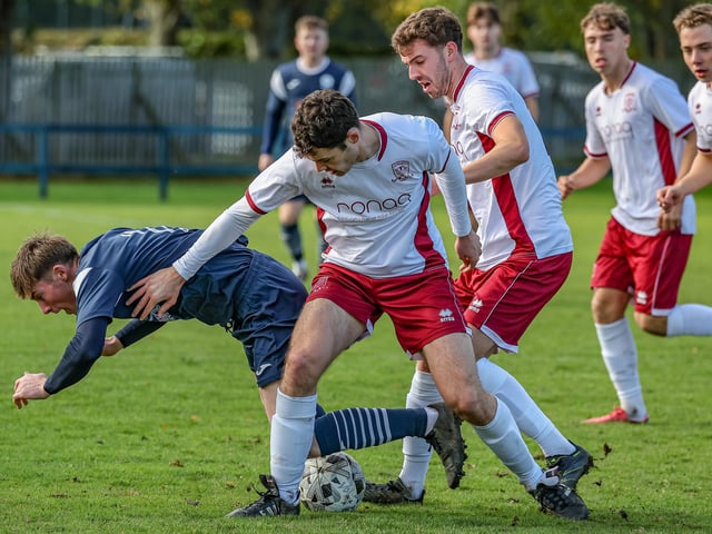 Jake Houten in action for Vale of Leithen during their 3-2 loss at home to Tynecastle at Victoria Park in Innerleithen on Saturday (Photo: Hilary Isaac)