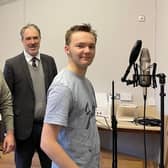Billy Kennedy, Jamie Bryson, and Sam Johnston at the Harris Trust-funded music recording studio at Selkirk High School.