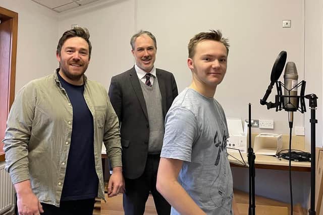 Billy Kennedy, Jamie Bryson, and Sam Johnston at the Harris Trust-funded music recording studio at Selkirk High School.