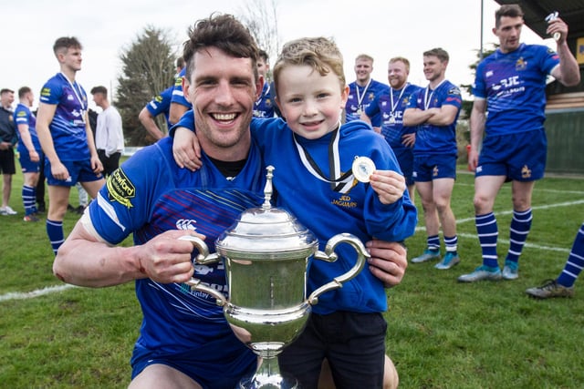 Jed-Forest captain Gregor Young celebrating with Jed Jaguar Nathan Goodfellow after winning Berwick Sevens (Photo: Bill McBurnie)