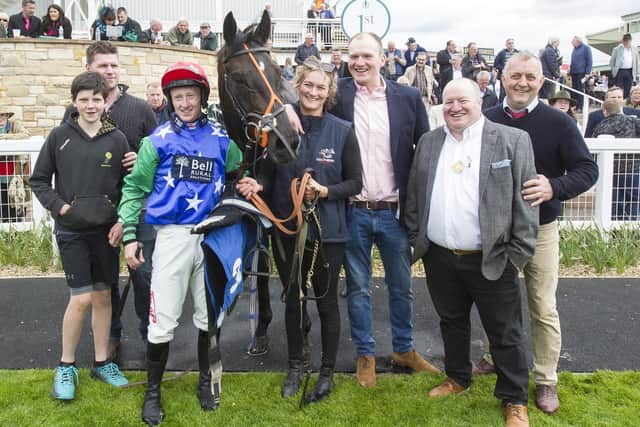 Winner of Race five winner Hidden Commander, trained by Selkirk's Stuart Coltherd, with jockey Danny McMenamin and his owners in the winners' enclosure (Photo: Bill McBurnie)