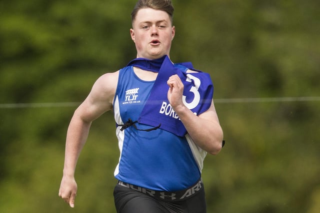 Danny Allison running for TLJT in one of the heats for the open 110m sprint handicap at Hawick Border Games
