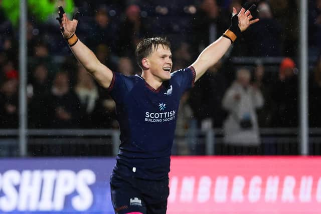 Scrum-half Hector Patterson celebrating scoring one of his two tries as he helped Edinburgh to a 31-10 United Rugby Championship victory at home to South Africa’s Lions at the capital’s Hive Stadium last Friday (Photo: Ewan Bootman/SNS Group/Edinburgh)