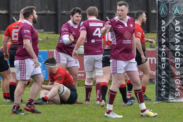 Gala players celebrating Tim MacKavanagh's opening try two minutes into the game (Pic: Alwyn Johnston)