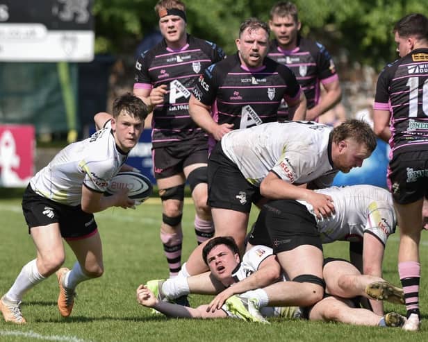 Scrum-half Hector Patterson looking to make a pass during Southern Knights' 54-19 loss away to Ayrshire Bulls on Saturday (Photo: George McMillan)