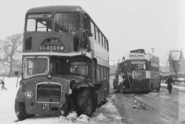 From another angle, the platform of a No 33 Edinburgh Corporation bus was crumpled in a crash with this SMT bus in Slateford, Edinburgh in February 1966   Pic Denis Straughan