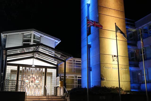 The tower at Scottish Borders Council's Newtown headquarters floodlit blue and yellow as a show of support for Doddie Aid (Photo: Scottish Borders Council)