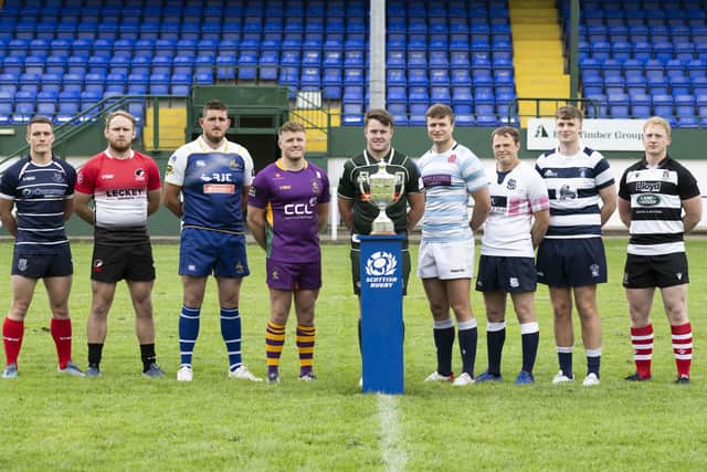 Representatives of the Scottish Premiership's ten rugby clubs at this season's launch at Hawick's Mansfield Park on Friday, August 18, including Jed-Forest's Clark Skeldon, third from left; Hawick's Andrew Mitchell, fifth; Selkirk's Scott McClymont, seventh; and Kelso's Frankie Robson, far right (Photo by Paul Devlin/SNS Group/SRU)
