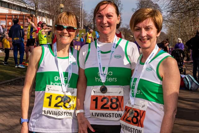 Gala Harriers W50 team members, from left, Wendy Roethenbaugh, Carole Fortune and Eileen Maxwell (Photo: Bobby Gavin)