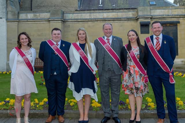 .Cornet Elect Iain Mitchell and his lass Becca Lumsden with 2019 principals Andrew Napier and his lass Natalie Stewart and 2018 principals Gregor McGrath and Loryn Paterson. All photography by Stephen Mathison.