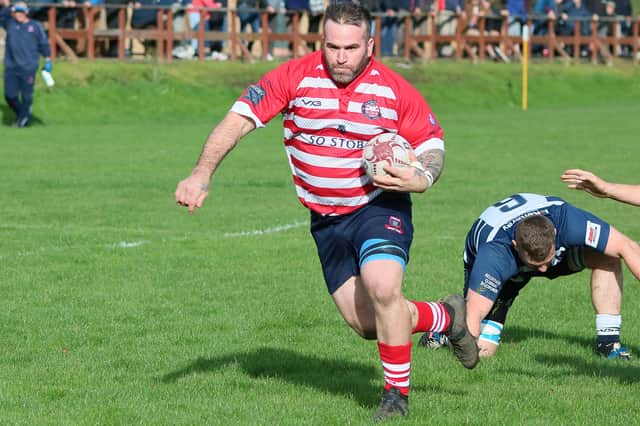 Peebles captain Neil Hogarth on his way to scoring a try against Glasgow Academicals at the Gytes on Saturday (Pic: Stephen Mathison)