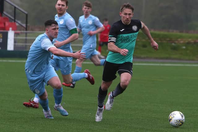 Danny Galbraith on the ball for Gala Fairydean Rovers during Saturday's Lowland Football League Cup loss to Caledonian Braves (Pic: Steve Cox)