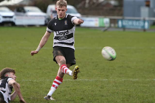 Dwain Patterson taking a kick for Kelso during their 48-24 win at home to Marr at Poynder Park on Saturday in rugby's Scottish Premiership (Photo: Steve Cox)