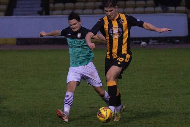 Berwick Rangers' Bayley Klimionek and Gala Fairydean Rovers' Jack Beaumont vying for the ball during their sides' 3-3 draw on Saturday (Photo: Alan Bell)