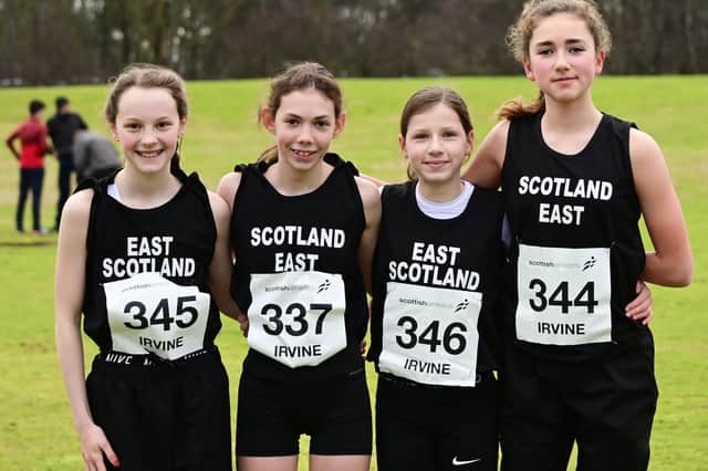 Four of the 15 girls contesting the under-13 girls' cross-country race at Irvine were Gala Harriers – from left, Ava Richardson, Kirsty Rankine, Kacie Brown and Elise Field (Photo: Neil Renton)